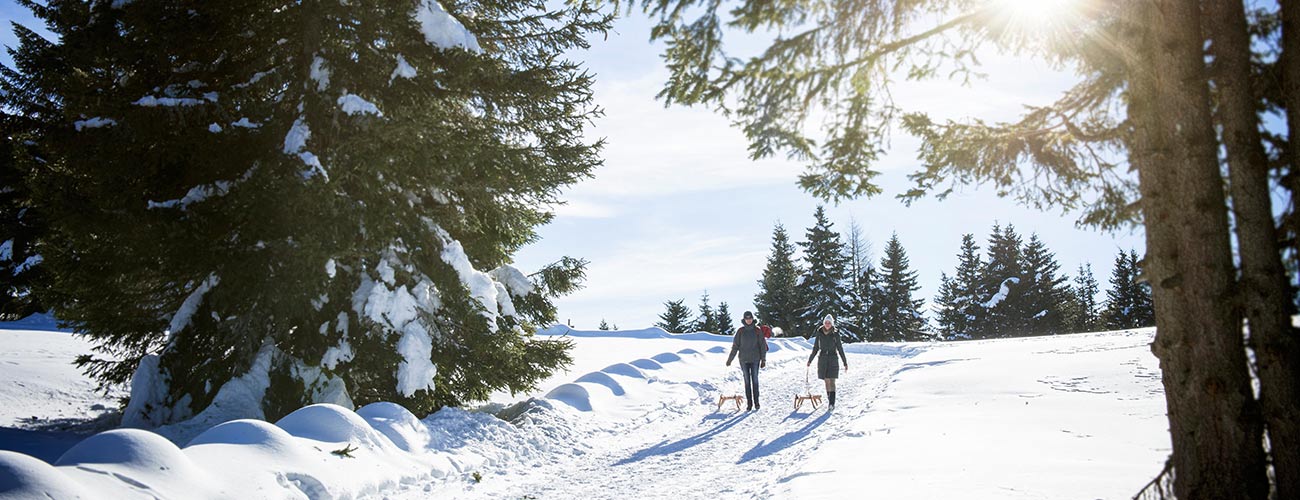 Uomo e donna con slittino camminano sulla neve